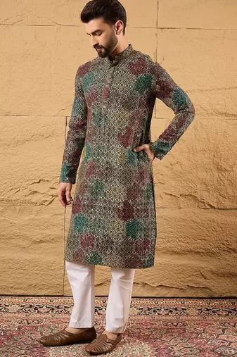 Men black viscose rayon geometric embroidered straight kurta