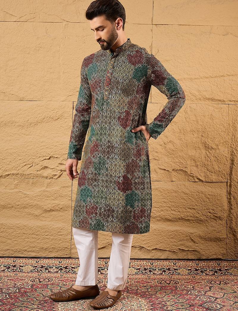 Men black viscose rayon geometric embroidered straight kurta