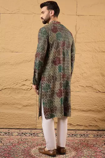 Men black viscose rayon geometric embroidered straight kurta