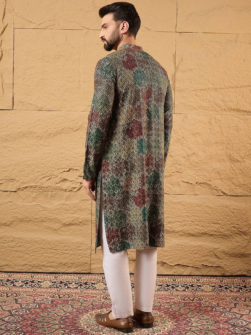 Men black viscose rayon geometric embroidered straight kurta