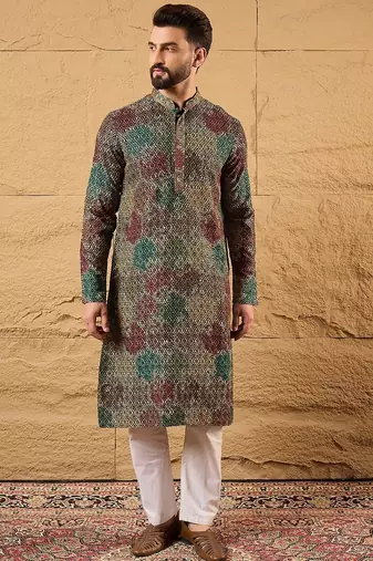 Men black viscose rayon geometric embroidered straight kurta