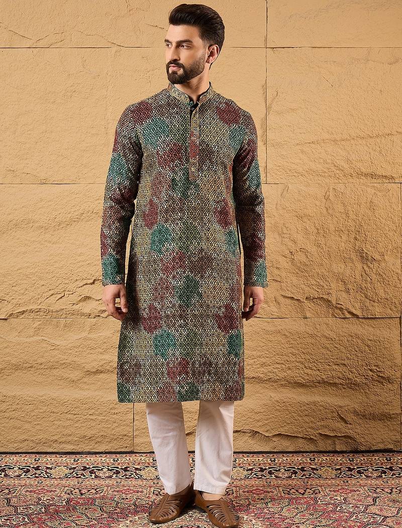 Men black viscose rayon geometric embroidered straight kurta