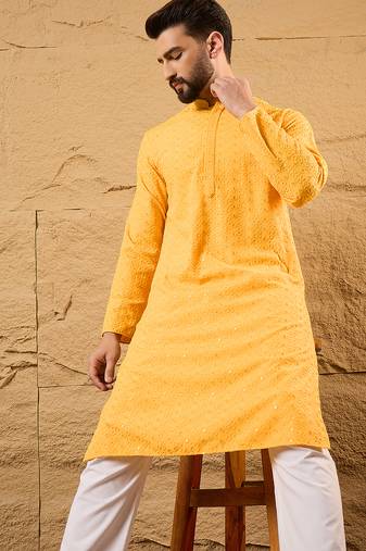 Men yellow silk blend embroidered chikankari straight kurta