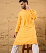Men yellow silk blend embroidered chikankari straight kurta