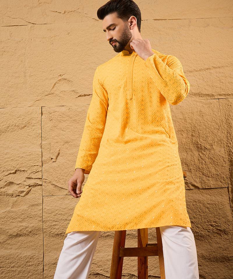 Men yellow silk blend embroidered chikankari straight kurta