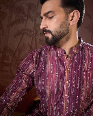 Men purple silk blend striped printed straight kurta with trouser 1