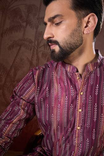Men purple silk blend striped printed straight kurta with trouser