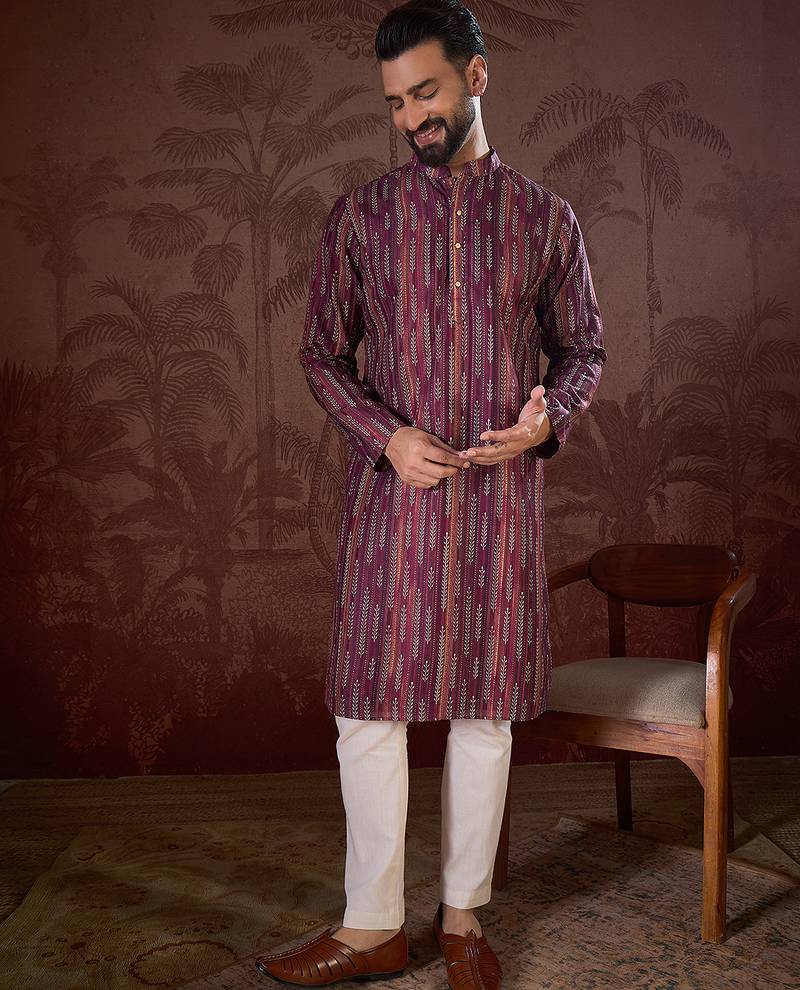 Men purple silk blend striped printed straight kurta with trouser