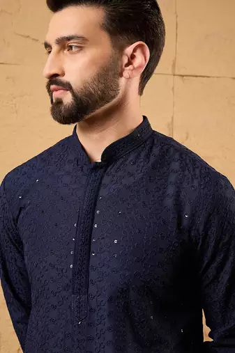 Men blue viscose rayon solid embroidered straight kurta