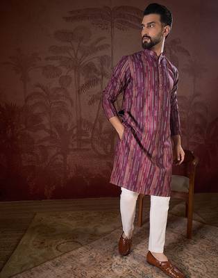 Men purple silk blend striped printed straight kurta with trouser 3