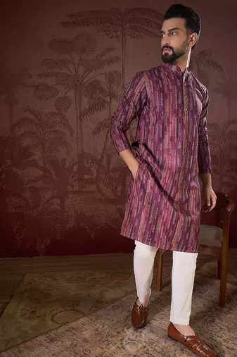 Men purple silk blend striped printed straight kurta with trouser