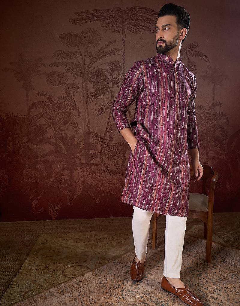 Men purple silk blend striped printed straight kurta with trouser