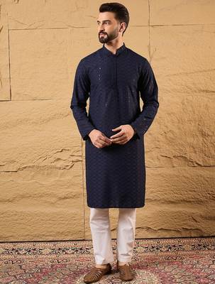 Men blue viscose rayon solid embroidered straight kurta 2