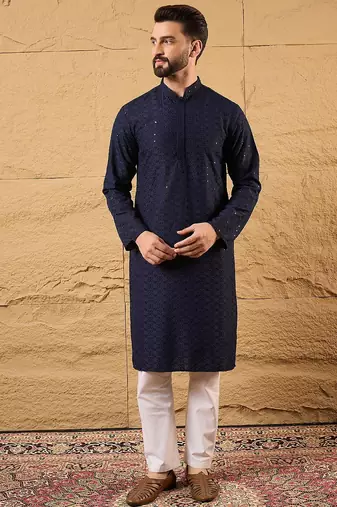 Men blue viscose rayon solid embroidered straight kurta