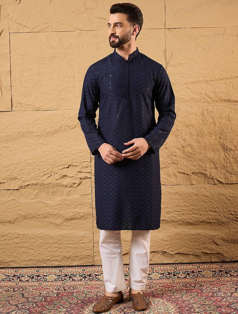 Men blue viscose rayon solid embroidered straight kurta