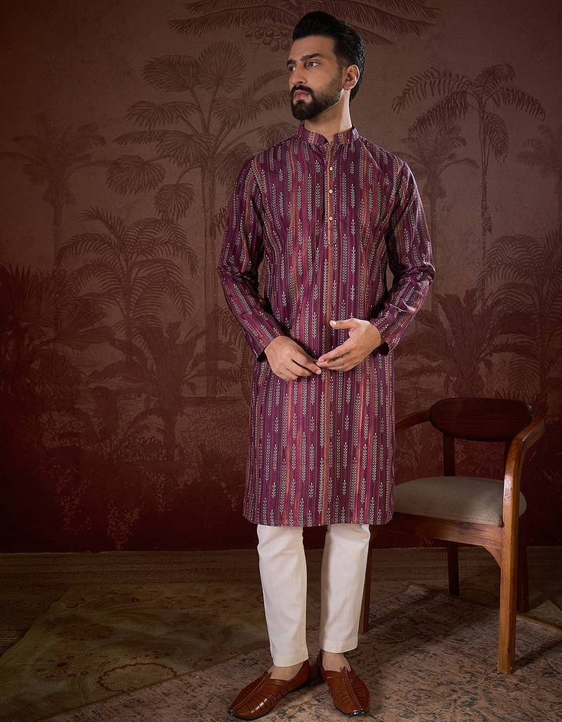 Men purple silk blend striped printed straight kurta with trouser