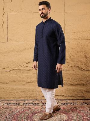 Men blue viscose rayon solid embroidered straight kurta 3