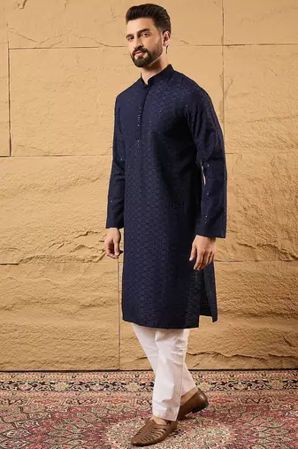 Men blue viscose rayon solid embroidered straight kurta
