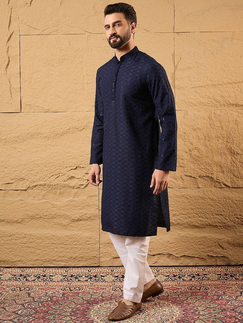 Men blue viscose rayon solid embroidered straight kurta