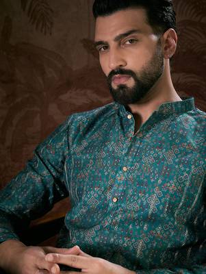 Men blue silk blend ethnic motifs printed straight kurta with trouser 1