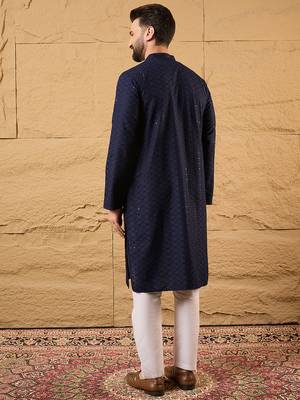 Men blue viscose rayon solid embroidered straight kurta 4