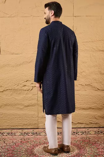 Men blue viscose rayon solid embroidered straight kurta