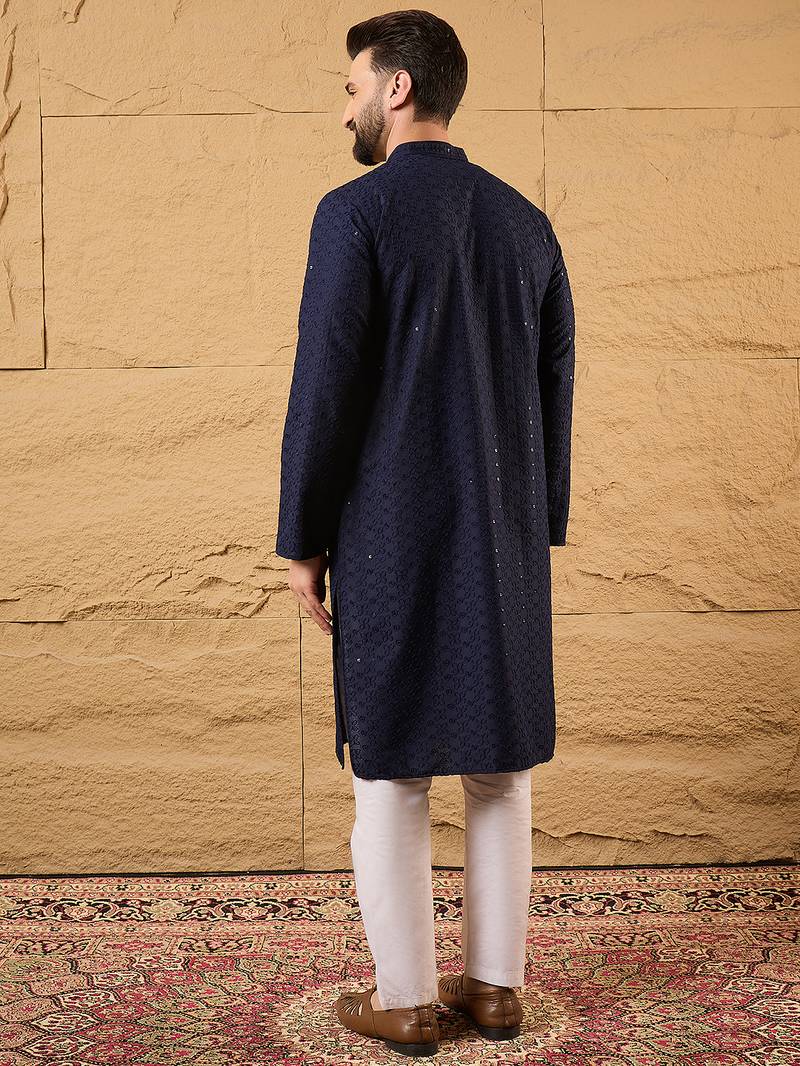 Men blue viscose rayon solid embroidered straight kurta