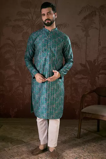 Men blue silk blend ethnic motifs printed straight kurta with trouser