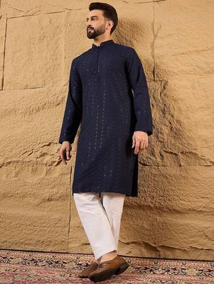 Men blue viscose rayon solid embroidered straight kurta 5