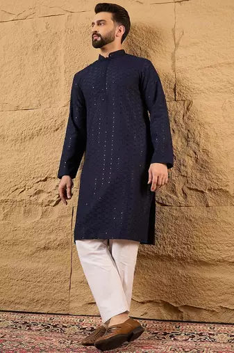 Men blue viscose rayon solid embroidered straight kurta