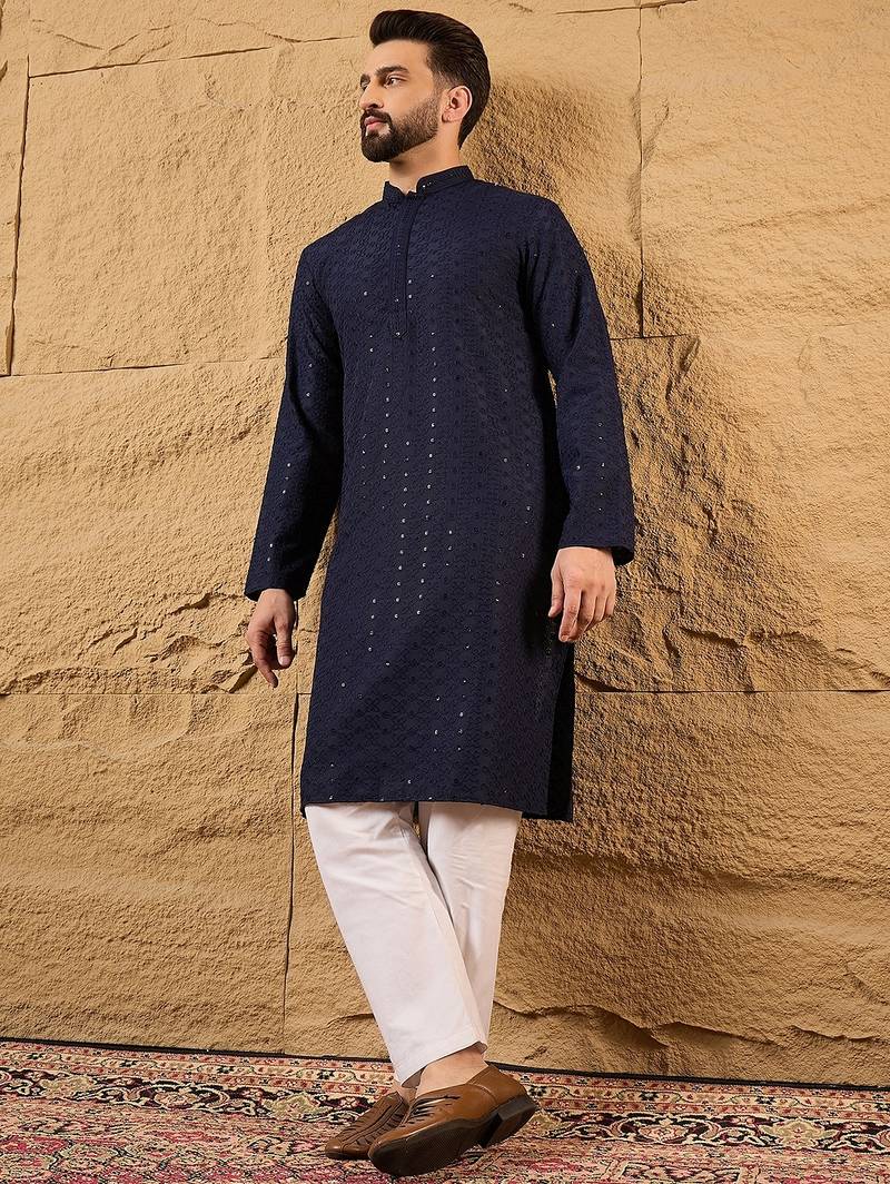 Men blue viscose rayon solid embroidered straight kurta