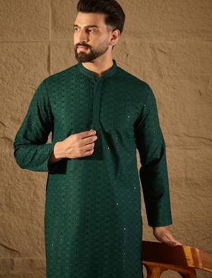 Men green viscose rayon solid embroidered straight kurta 1