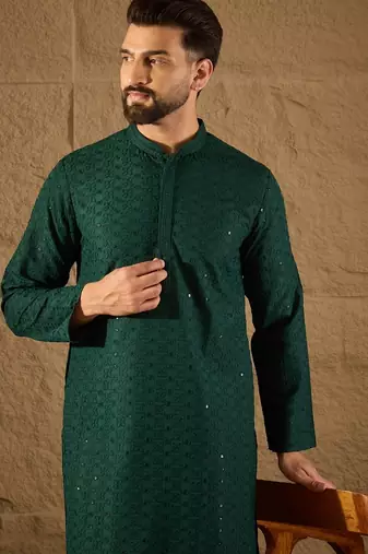 Men green viscose rayon solid embroidered straight kurta