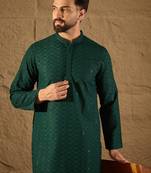 Men green viscose rayon solid embroidered straight kurta