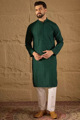 Men green viscose rayon solid embroidered straight kurta