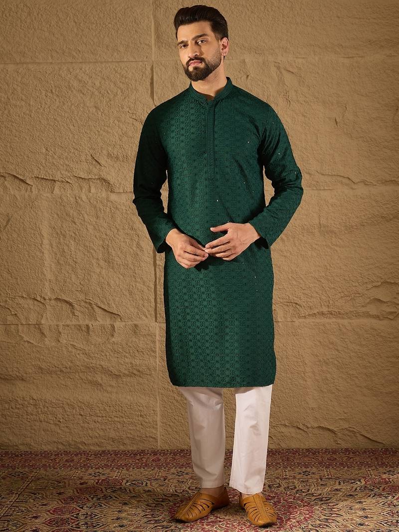 Men green viscose rayon solid embroidered straight kurta