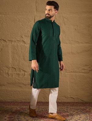 Men green viscose rayon solid embroidered straight kurta 3