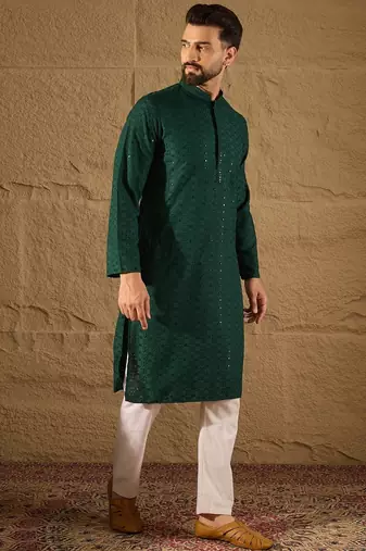 Men green viscose rayon solid embroidered straight kurta