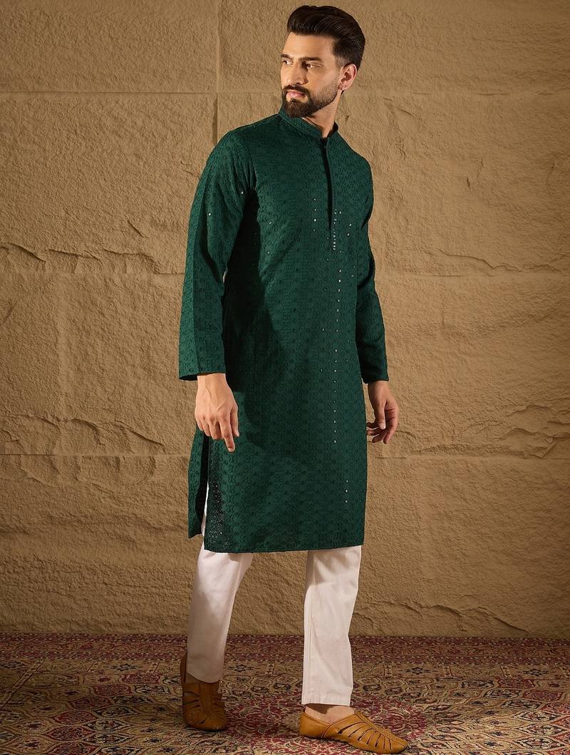 Men green viscose rayon solid embroidered straight kurta