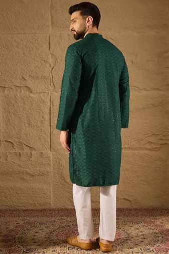 Men green viscose rayon solid embroidered straight kurta