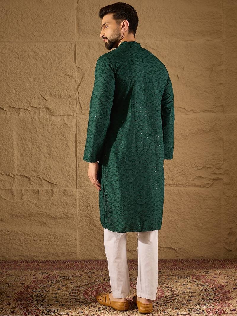 Men green viscose rayon solid embroidered straight kurta