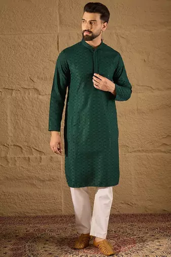 Men green viscose rayon solid embroidered straight kurta