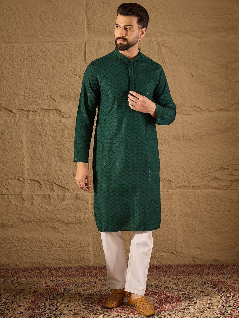 Men green viscose rayon solid embroidered straight kurta