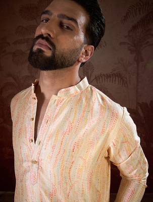 Men cream silk blend abstract printed straight kurta with trouser 1