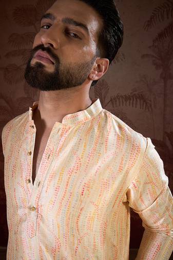 Men cream silk blend abstract printed straight kurta with trouser