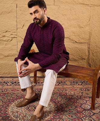 Men purple viscose rayon solid embroidered straight kurta 1