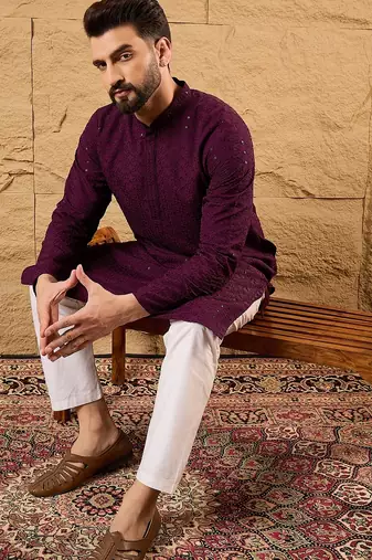 Men purple viscose rayon solid embroidered straight kurta