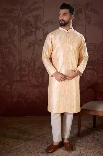 Men cream silk blend abstract printed straight kurta with trouser