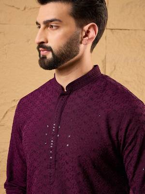 Men purple viscose rayon solid embroidered straight kurta 2