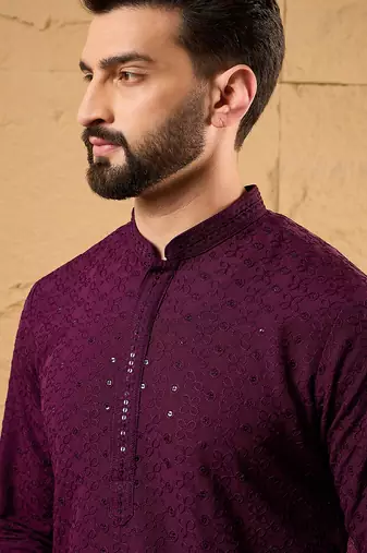 Men purple viscose rayon solid embroidered straight kurta